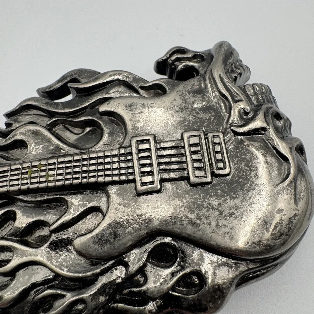 Screaming Skull Electric Guitar Flames Belt Buckle‎ Antique Silver Biker Rocker